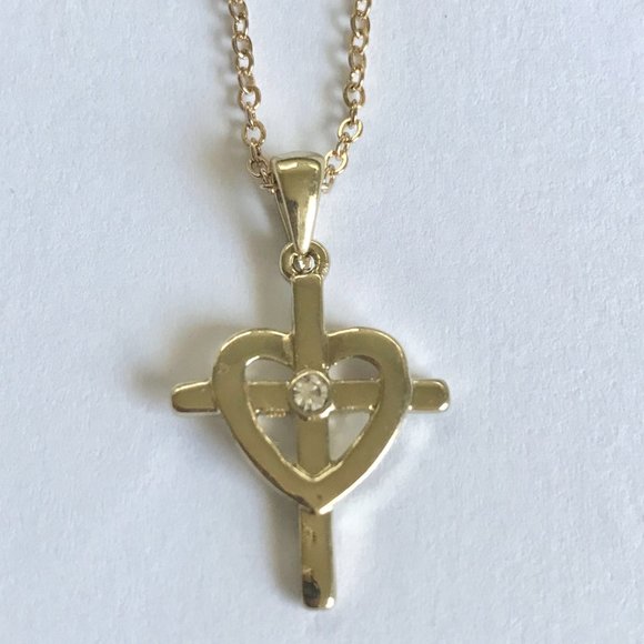 Sacred Heart Cross Necklace 18" Gold Plated Crystal Catholic Christian Gift - Picture 9 of 11